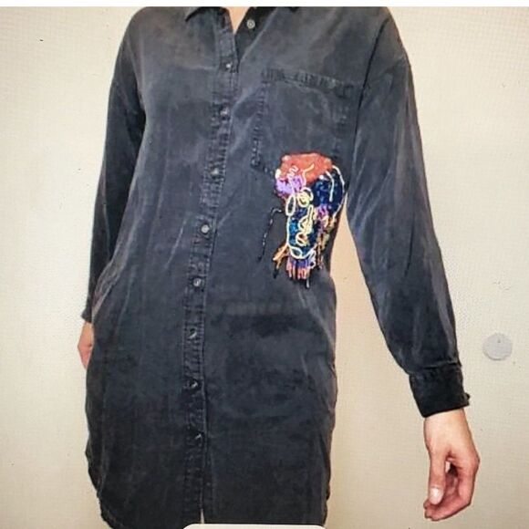 ZARA Embroidered Black Button-Up Shirt Dress XS-M $100 - Picture 2 of 11